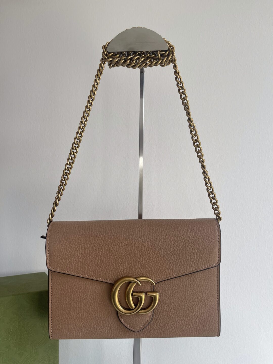 Gucci GG Marmont Chain Wallet close up of front of bag showing hardware