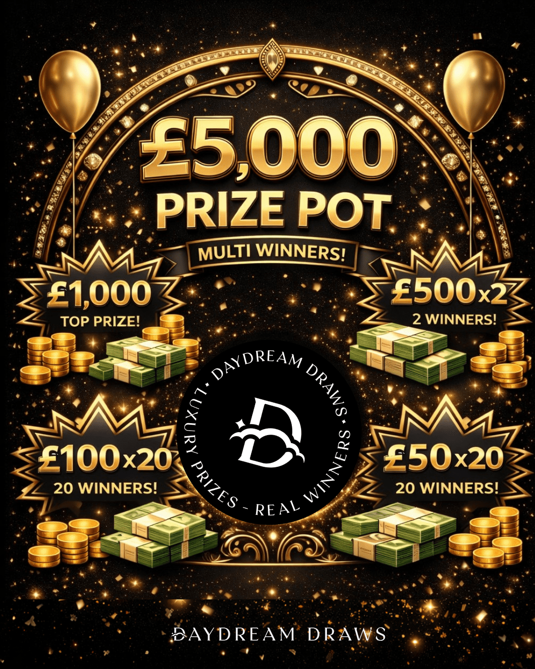 £5,000 instant win cash prizes to be found text. Gold balloons with cash and celebrations